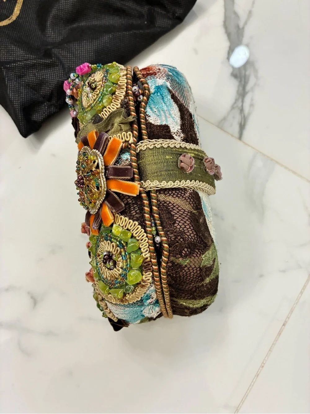 Mary Frances Multicolor Embellished Floral Beaded Clutch - Black Base